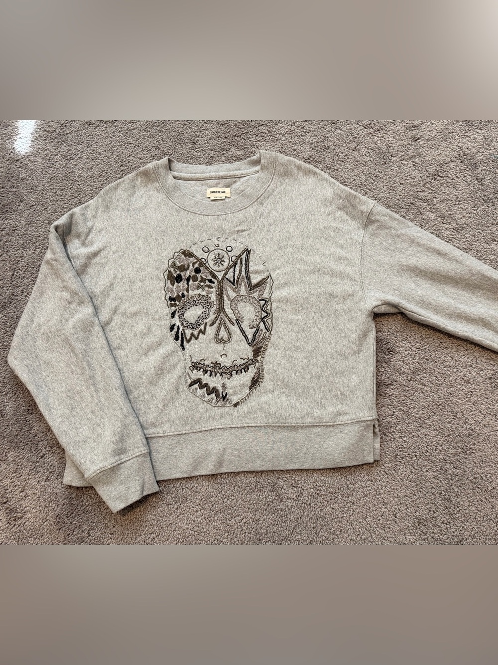 Zadig & Voltaire Light Gray Crewneck Sweater with Embroidered Skull